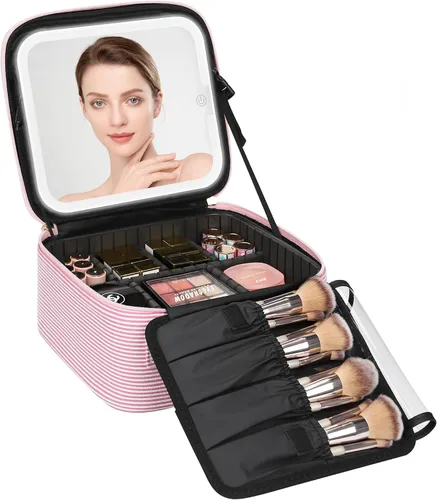 Vista 9 de Relavel Estuche de maquillaje con espejo LED, 01-Negro, Bolsa de maquillaje de viaje con espejo LED para niñas Compact Cosmetic Makeup Organizer
