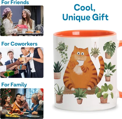 Vista 5 de Hyturtle Bonita taza de café de gato naranja, regalos de Navidad para mamá de gato, regalo de decoración de plantas para amantes de las plantas