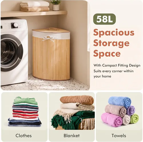 Vista 3 de GOFLAME Cesta esquinera de bambú para la ropa sucia con tapa y forro extraíble, cesta de almacenamiento con asa, adecuada para dormitorio, baño