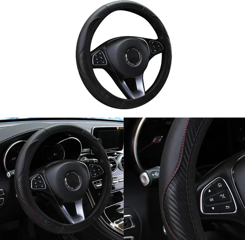 Vista 17 de Funda de volante de coche, 38 cm, de fibra de carbono, de microfibra, de PU, de cuero elástico, protector de volante antideslizante y transpirable