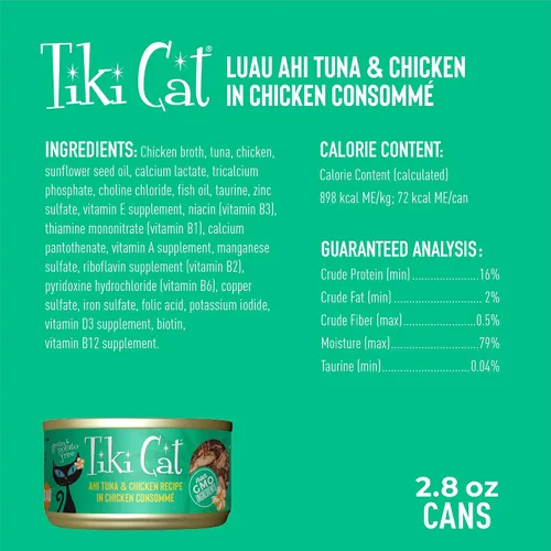 Vista 4 de Tiki Cat Luau - Comida húmeda sin granos, baja en carbohidratos, con aves de corral o peces en consomé para gatos adultos y gatitos., Atún y pollo