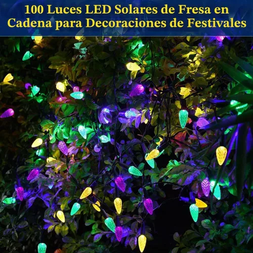 Vista 3 de Luces solares de Navidad para exteriores, cadena de luces C6 de fresa, luces de Mardi Gras, 100 LED, 8 modos, impermeable, uso al aire libre