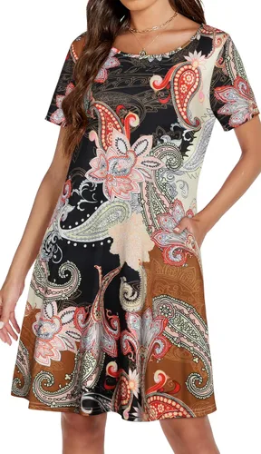 Vista 3 de Vestidos de verano para mujer, informales, holgados, estilo camiseta, florales, de manga corta, con vuelo y bolsillos, para la playa