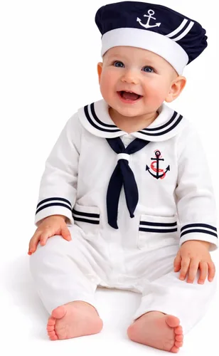 Vista 7 de stylesilove Mameluco de algodón marinero marino para bebé niño con sombrero y corbata 3 piezas traje de vacaciones Azul marino: manga larga.
