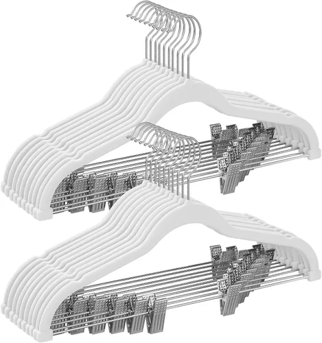 Vista 14 de SONGMICS Paquete de 20 perchas para pantalones, perchas de terciopelo de 16.7 pulgadas de largo con clips ajustables, perchas resistentes