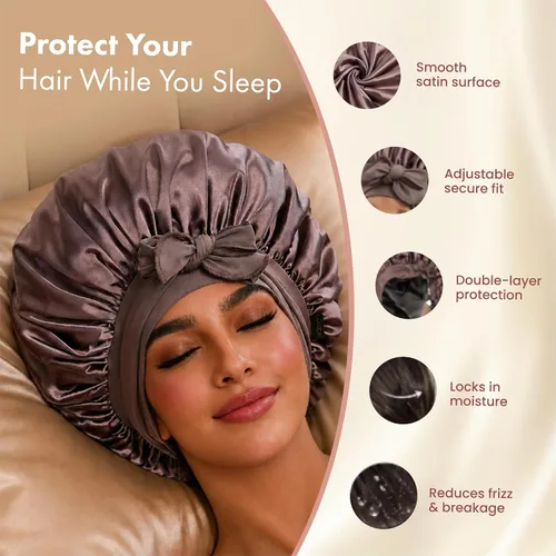 Vista 2 de LUCE Gorro de seda de satén para dormir, gorro de satén XL de doble capa de 600 hilos para mujer, gorro para dormir con lazo ajustable