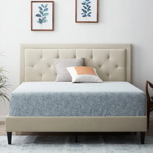 Vista 8 de Lucid - Cama de plataforma tapizada con cabecera de diamante con estructura de madera resistente, no requiere somier, King, carbón