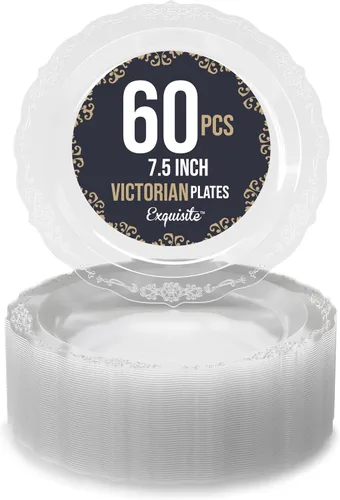 Vista 9 de SIZENAME - Platos de plástico desechables, diseño victoriano de calidad premium, color crema, para fiestas y bodas, 60