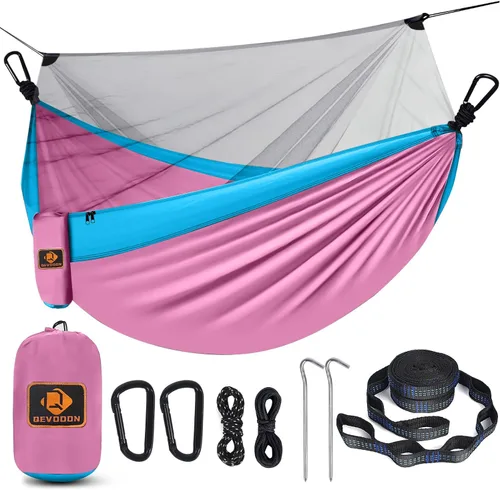 Vista 22 de Qevooon Hamaca de camping con red, hamacas ligeras portátiles de viaje con correas para árboles y mosquetones sólidos en forma de D, hamaca de Negro