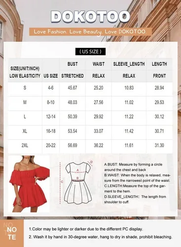 Vista 6 de Dokotoo Vestidos de verano para mujer, con hombros descubiertos, manga corta farol, con volantes, cintura elástica, acampanado, minivestido casual
