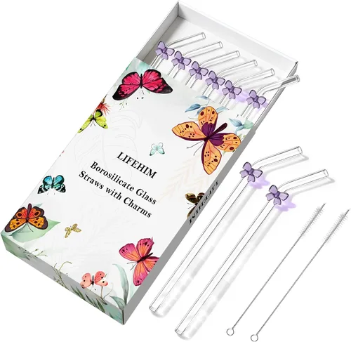 Vista 11 de Pajitas de cristal hechas a mano con dije de murciélago – Pajitas de borosilicato dobladas reutilizables de 9 pulgadas para vasos de 16 oz/20 onzas