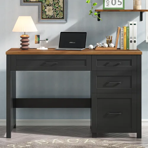 Vista 5 de Vabches Farmhouse - Escritorio ejecutivo de 47 pulgadas con 4 cajones, escritorio para computadora con cajón de archivos y estación de carga, Negro