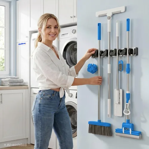 Vista 7 de Holikme Soporte para Escobas y Fregonas de Pared, Organizador de Metal para Despensa y Almacenamiento, Organizador de Herramientas de Cocina
