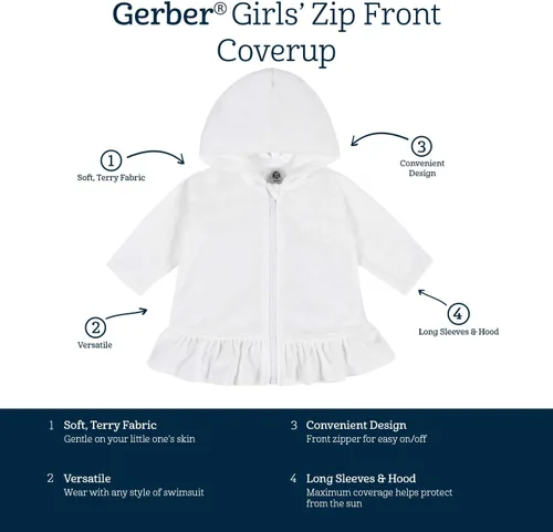 Vista 6 de Gerber Cubierta para traje de baño con capucha y cremallera para bebés y niñas pequeñas, Rosado
