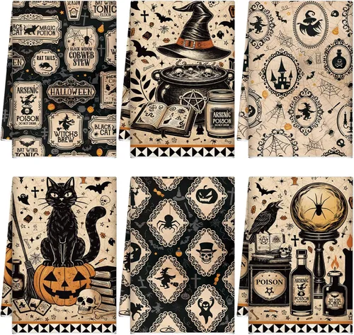 Vista 18 de Ganeen Juego de 6 toallas de mano de Acción de Gracias con texto en inglés «Hello Fall» en blanco y negro, vintage, calabaza, camión, motero