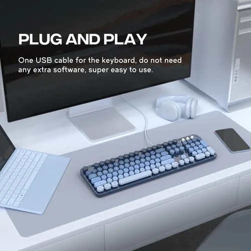 Vista 3 de MOFII Teclados de computadora con cable, teclado USB de tamaño completo Plug Play, bonito teclado estético colorido con soportes plegables
