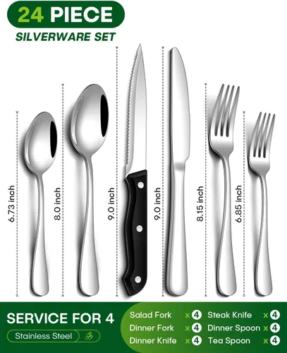 Vista 2 de PHILIPALA - Juego de cubiertos de 24 piezas con cuchillos para carne, juego de cubiertos de acero inoxidable para 4 cubiertos de grado alimenticio