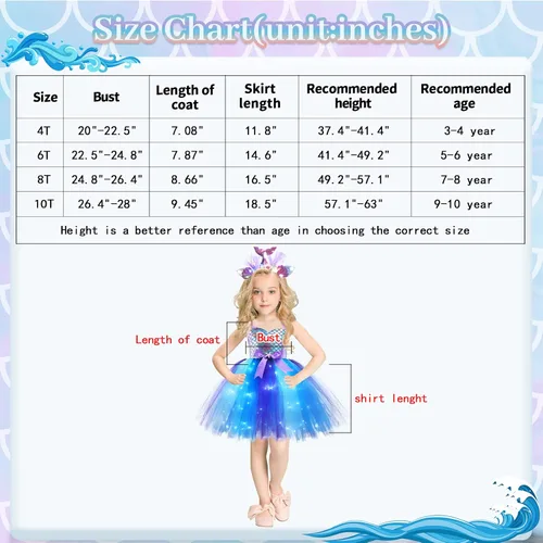 Vista 5 de Girls Mermaid Tutu Dress for Birthday Party, LED Light Up Halloween Mermaid Outfit Dress Up Dress with Headband