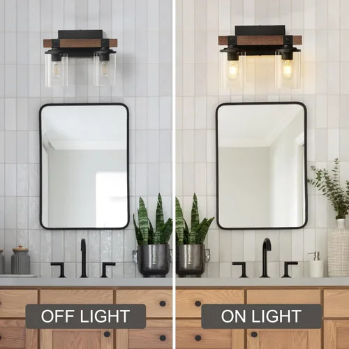 Vista 7 de Lámpara de tocador de granja para baño, accesorios de iluminación rústica de madera Luces de baño de 2 luces sobre espejo vintage de pared