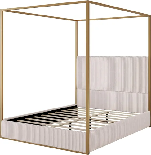 Vista 4 de Cama de Plataforma con Dosel de 4 Postes de Lujo Moderna Tamaño Queen con Cabecera Alta Tapizada en Terciopelo, Marco de Cama de Plataforma