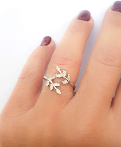 Vista 4 de Sterling Silver 925 Clear CZ Ring Leaf Laurel Nature Branch Adjustable Band Tiny Diamonds