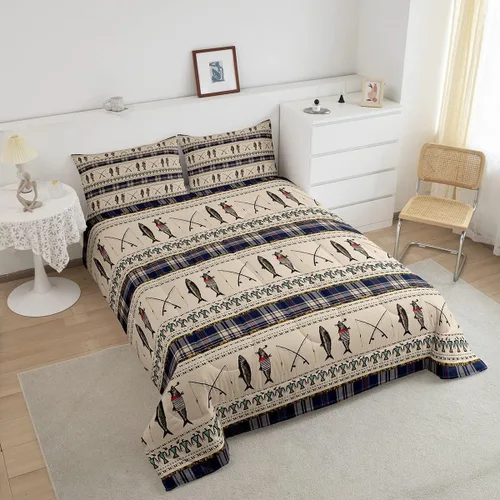 Vista 3 de Erosebridal Juego de edredón con temática de pesca, juego de ropa de cama rústica de granja tamaño individual para niños, adolescentes y adultos