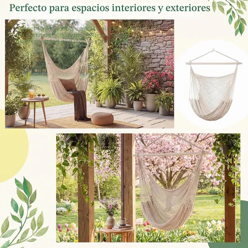 Vista 6 de Barydat 2 sillas colgantes tipo hamaca estilo bohemio, para exteriores e interiores, cómoda cuerda de algodón suave, con barras de metal Beige