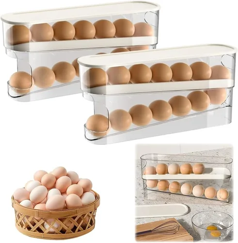 Vista 8 de Soporte para huevos para nevera, organizador de huevos para refrigerador de desplazamiento automático para huevos, dispensador rodante, contenedor