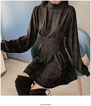 Vista 2 de Vestido gótico de manga larga, estilo Harajuku, vintage, a cuadros, cruzado, negro, minivestido retro, plisado, punk, manga larga, oscuro