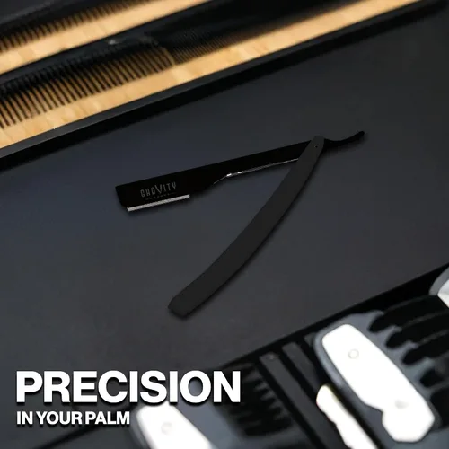 Vista 7 de Kit de afeitado manual GRAVITY RAZORS Profesional – Exposición Ultra, Incluye 10 Hojas Premium, 2mm Expuestas, Negro Mate