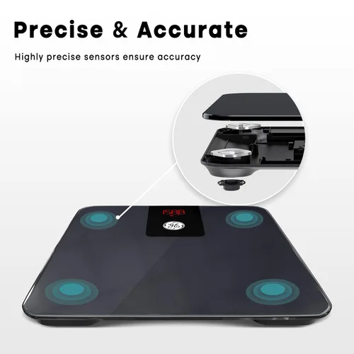 Vista 5 de GE Báscula digital para el baño para pesarse, báscula inteligente Bluetooth para peso corporal y IMC, báscula electrónica negra para baño y hogar