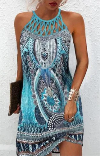Vista 2 de BIRW Vestidos de verano para mujer 2024, casual, floral, cuello halter, línea A, hombros descubiertos, vestidos de verano para vacaciones en la playa