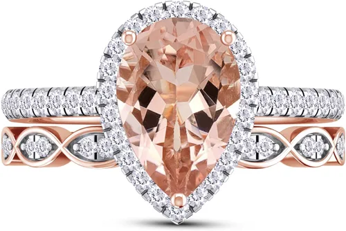 Vista 2 de Anillo de compromiso con diamantes blancos naturales y piedras preciosas de corte pera de 0.354 x 0.236 in en oro de 14 quilates sobre plata de ley