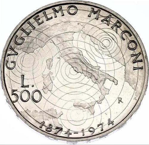 Vista 2 de 1974 R Moneda Conmemorativa Italiana de Plata 500 Lira Celebrando el 100 Aniversario del Nacimiento de Guglielmo Marconi, Inventor De La Radio. 500