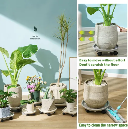 Vista 4 de Paquete de 4 soportes rodantes para plantas de 13 pulgadas con ruedas, bandeja de drenaje y ruedas, plataforma de plástico resistente para mover
