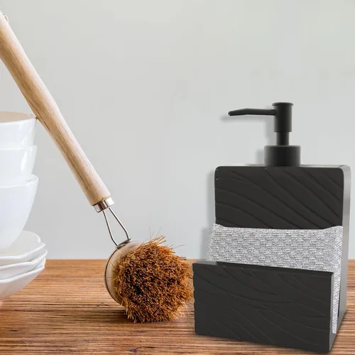 Vista 2 de Dispensador de jabón de cerámica con soporte de esponja para fregadero de cocina, contenedor de jabón líquido 2 en 1 con embudo para encimera, baño