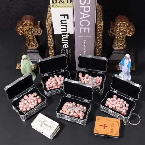 Vista 6 de WHLHMK Rosario católico para mujer con caja de rosario, collar de rosario de cuentas de cristal azul con caja de joyería vintage de la última cena