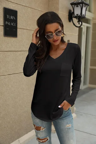 Vista 4 de Tobrief - Camiseta de manga larga con cuello en V para mujer, corte holgado, estilo informal, con bolsillo