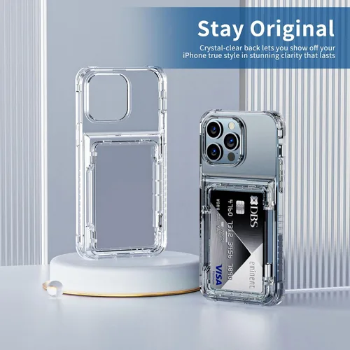 Vista 7 de ACANDYA Funda protectora transparente para iPhone 13 Pro con tarjetero de crédito, protección resistente, a prueba de golpes, antiarañazos