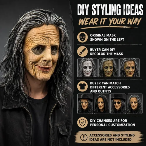 Vista 5 de Máscara de Halloween de mujer anciana aterradora para adultos, cabello