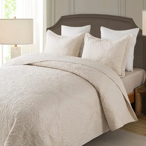 Vista 2 de NEWLAKE - Juego de cubrecama reversible de microfibra bordada con patrón floral en relieve en jacquard beige, tamaño queen