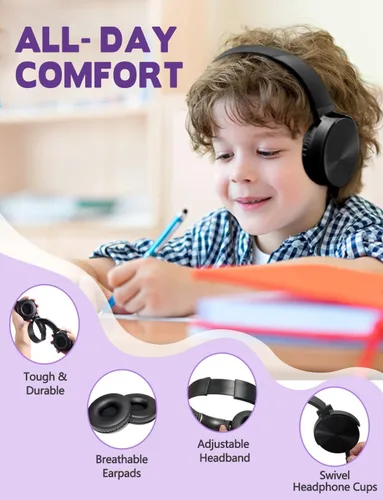 Vista 4 de Paquete de 2 audífonos para niños, para escuela, aula, estudiantes, adolescentes, niños, niñas y adultos (HY450, 2 negro)