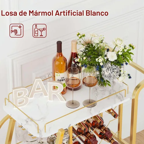 Vista 4 de Carrito de Bar, Carrito de Bar Dorado para el Hogar, Carrito de Servicio con Soporte para Copas de Vino, Carrito de Bebidas de 3 Niveles con Ruedas