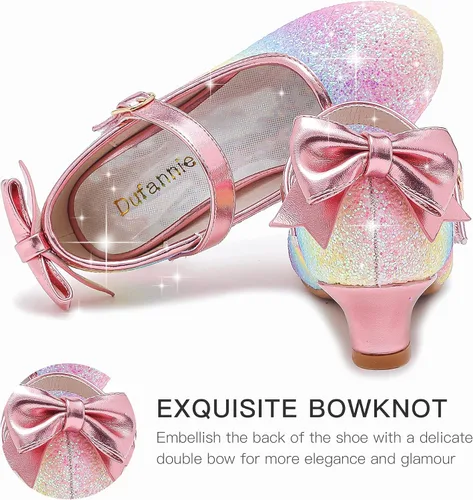 Vista 3 de Dufannie Zapatos de vestir para niñas, zapatos de tacón bajo de princesa, zapatos planos con purpurina para bodas y fiestas