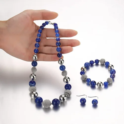 Vista 2 de PEARL&CLUB Juego de collar y pulsera con cuentas gruesas de metal plateado, regalo para el día de la madre para mujeres