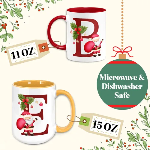 Vista 7 de Taza de café con inicial de Navidad con tema de Papá Noel, 11 o 15 onzas, 9 colores opcionales, tazas personalizadas para niños, niños y niñas, taza