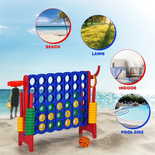 Vista 9 de HONEY JOY Juego gigante gigante de 4 a puntuación, 3 en 1 para interiores y exteriores, juego de patio familiar con aro de baloncesto y lanzamiento