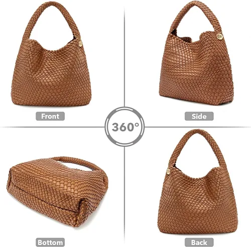 Vista 4 de PS PETITE SIMONE Bolso de mano tejido para mujer, bolso grande tejido de cuero, bolso trenzado, bolso tejido color avellana