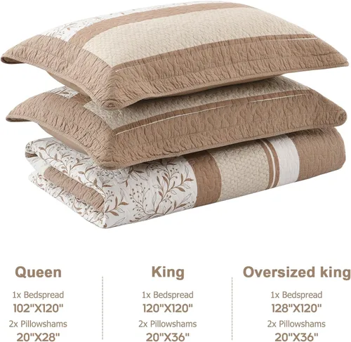 Vista 6 de Finlonte - Juego de cama de 3 piezas con edredón/cubrecama acolchado tamaño queen, 100% algodón, 260x305 cm, a cuadros florales de granja