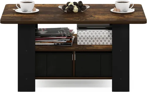 Vista 4 de Furinno Andrey - Mesa de centro con cajón de contenedor, pino ámbar/negro, pequeña parte superior sin elevación